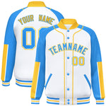Custom White Powder Blue-Gold Raglan Sleeves Varsity Full-Snap Letterman Baseball Jacket | BuyFootballJersey