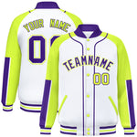 Custom White Neon Green-Purple Raglan Sleeves Varsity Full-Snap Letterman Baseball Jacket | BuyFootballJersey