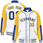 Custom White Gold-Royal Raglan Sleeves Varsity Full-Snap Letterman Baseball Jacket | BuyFootballJersey
