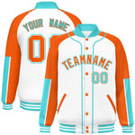 Custom White Orange-Bright Green Raglan Sleeves Varsity Full-Snap Letterman Baseball Jacket | BuyFootballJersey