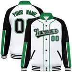 Custom White Black-Kelly Green Raglan Sleeves Varsity Full-Snap Letterman Baseball Jacket | BuyFootballJersey