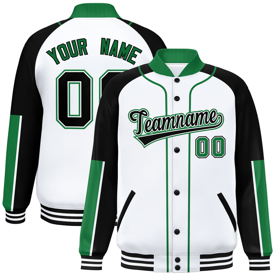 Custom White Black-Kelly Green Raglan Sleeves Varsity Full-Snap Letterman Baseball Jacket | BuyFootballJersey