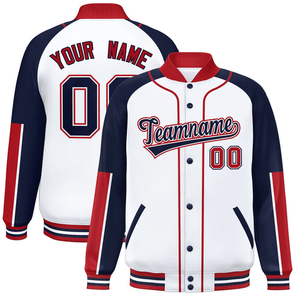 Custom White Navy-Red Raglan Sleeves Varsity Full-Snap Letterman Baseball Jacket | BuyFootballJersey