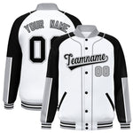 Custom White Black-Gray Raglan Sleeves Varsity Full-Snap Letterman Baseball Jacket | BuyFootballJersey
