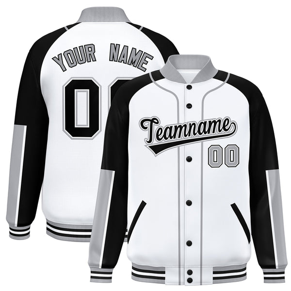Custom White Black-Gray Raglan Sleeves Varsity Full-Snap Letterman Baseball Jacket | BuyFootballJersey