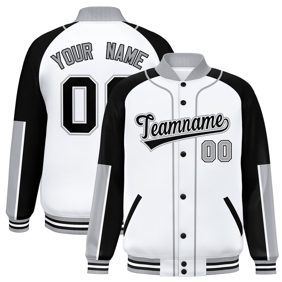 Custom White Black-Gray Raglan Sleeves Varsity Full-Snap Letterman Baseball Jacket | BuyFootballJersey