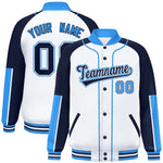 Custom White Navy-Powder Blue Raglan Sleeves Varsity Full-Snap Letterman Baseball Jacket | BuyFootballJersey