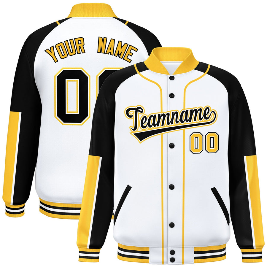 Custom White Black-Gold Raglan Sleeves Varsity Full-Snap Letterman Baseball Jacket | BuyFootballJersey