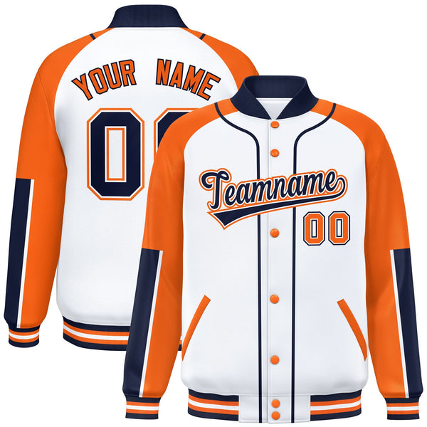 Custom White Orange-Navy Raglan Sleeves Varsity Full-Snap Letterman Baseball Jacket | BuyFootballJersey