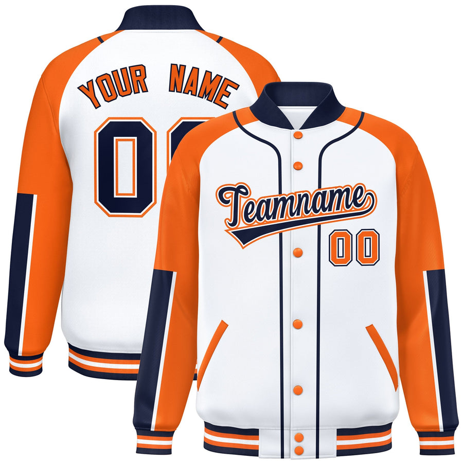 Custom White Orange-Navy Raglan Sleeves Varsity Full-Snap Letterman Baseball Jacket | BuyFootballJersey