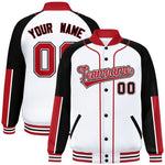 Custom White Black-Red Raglan Sleeves Varsity Full-Snap Letterman Baseball Jacket | BuyFootballJersey