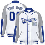 Custom White Gray-Royal Raglan Sleeves Varsity Full-Snap Letterman Baseball Jacket | BuyFootballJersey