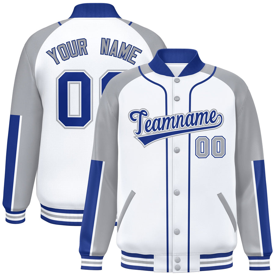Custom White Gray-Royal Raglan Sleeves Varsity Full-Snap Letterman Baseball Jacket | BuyFootballJersey