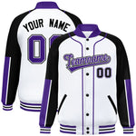 Custom White Black-Purple Raglan Sleeves Varsity Full-Snap Letterman Baseball Jacket | BuyFootballJersey