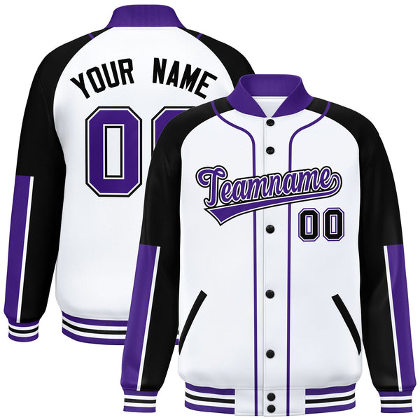 Custom White Black-Purple Raglan Sleeves Varsity Full-Snap Letterman Baseball Jacket | BuyFootballJersey