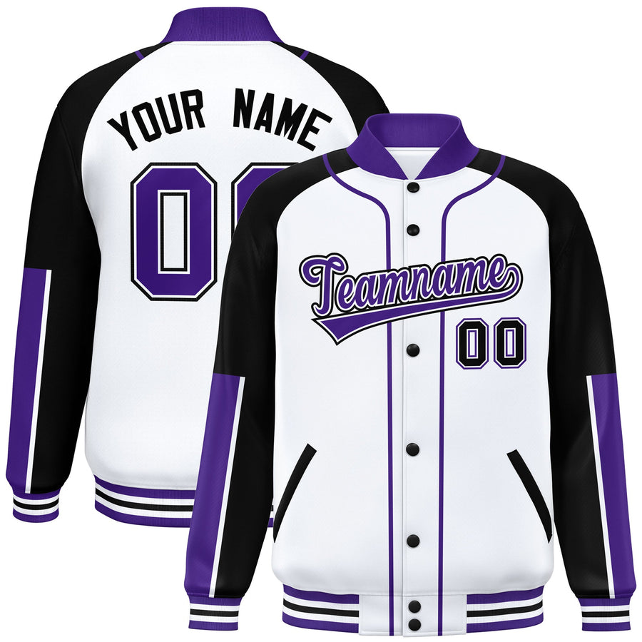 Custom White Black-Purple Raglan Sleeves Varsity Full-Snap Letterman Baseball Jacket | BuyFootballJersey