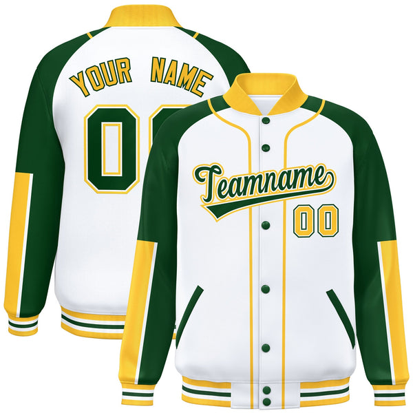 Custom White Green-Gold Raglan Sleeves Varsity Full-Snap Letterman Baseball Jacket | BuyFootballJersey