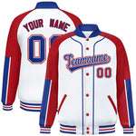 Custom White Red-Royal Raglan Sleeves Varsity Full-Snap Letterman Baseball Jacket | BuyFootballJersey