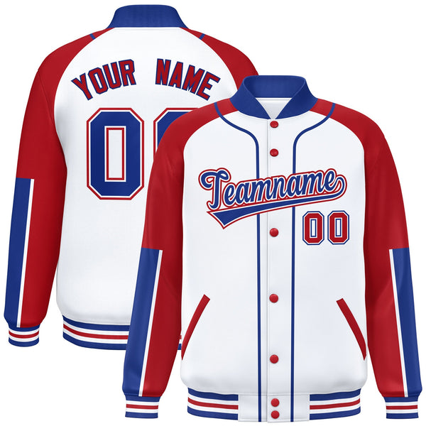 Custom White Red-Royal Raglan Sleeves Varsity Full-Snap Letterman Baseball Jacket | BuyFootballJersey
