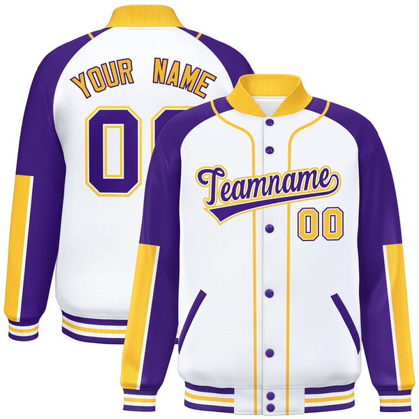 Custom White Purple-Gold Raglan Sleeves Varsity Full-Snap Letterman Baseball Jacket | BuyFootballJersey