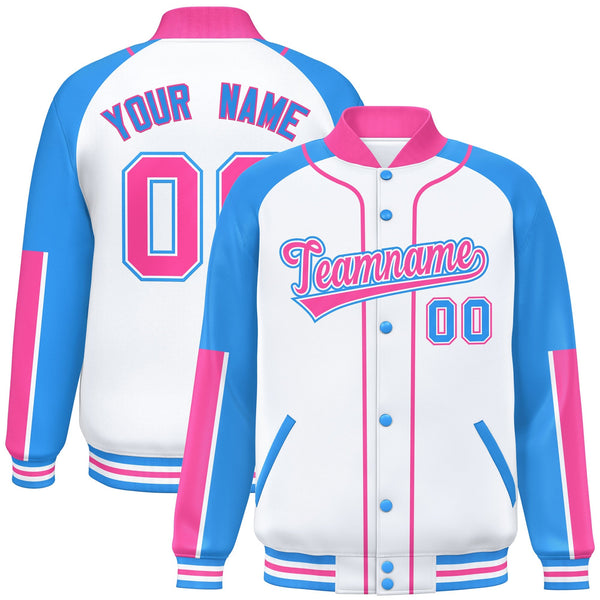 Custom White Powder Blue-Pink Raglan Sleeves Varsity Full-Snap Letterman Baseball Jacket | BuyFootballJersey