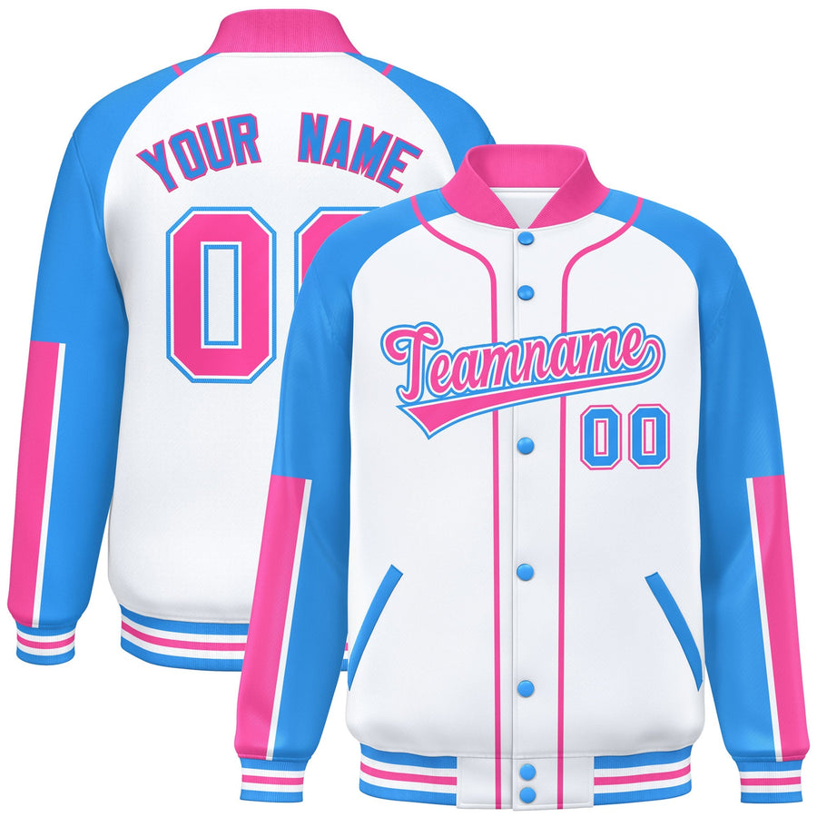 Custom White Powder Blue-Pink Raglan Sleeves Varsity Full-Snap Letterman Baseball Jacket | BuyFootballJersey