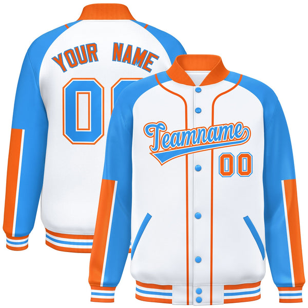 Custom White Powder Blue-Orange Raglan Sleeves Varsity Full-Snap Letterman Baseball Jacket | BuyFootballJersey