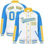 Custom White Powder Blue-Gold Raglan Sleeves Varsity Full-Snap Letterman Baseball Jacket | BuyFootballJersey