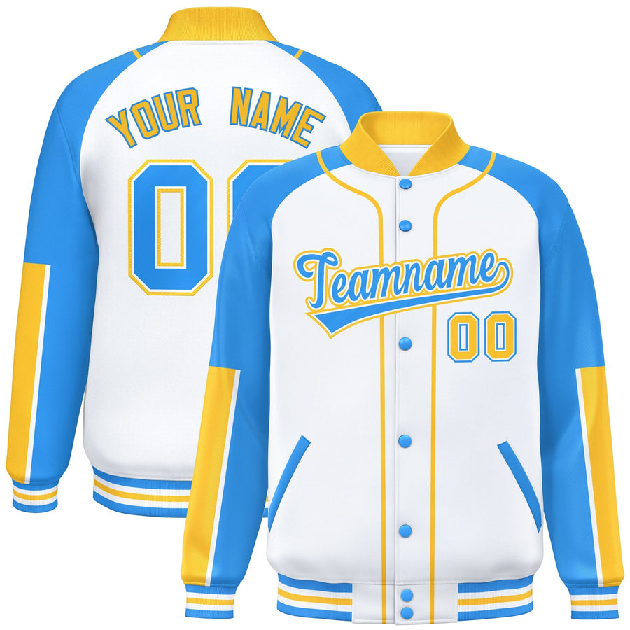 Custom White Powder Blue-Gold Raglan Sleeves Varsity Full-Snap Letterman Baseball Jacket | BuyFootballJersey
