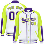 Custom White Neon Green-Purple Raglan Sleeves Varsity Full-Snap Letterman Baseball Jacket | BuyFootballJersey
