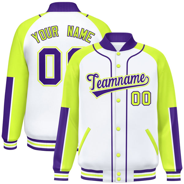 Custom White Neon Green-Purple Raglan Sleeves Varsity Full-Snap Letterman Baseball Jacket | BuyFootballJersey