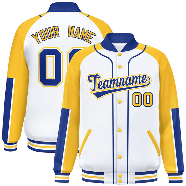 Custom White Gold-Royal Raglan Sleeves Varsity Full-Snap Letterman Baseball Jacket | BuyFootballJersey