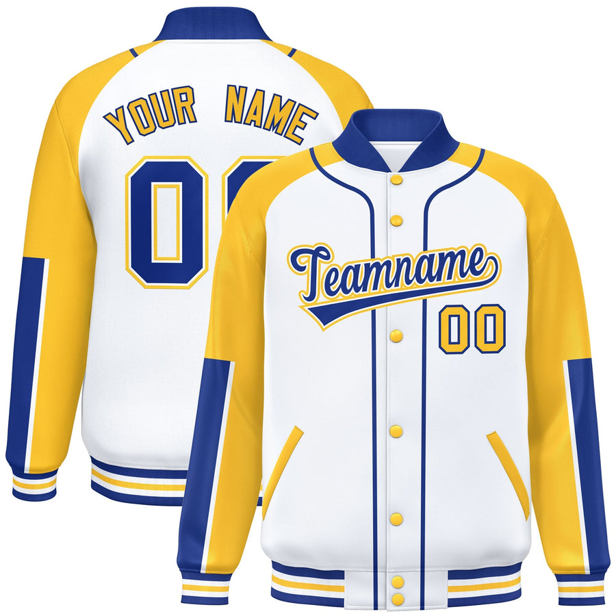 Custom White Gold-Royal Raglan Sleeves Varsity Full-Snap Letterman Baseball Jacket | BuyFootballJersey