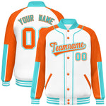 Custom White Orange-Bright Green Raglan Sleeves Varsity Full-Snap Letterman Baseball Jacket | BuyFootballJersey