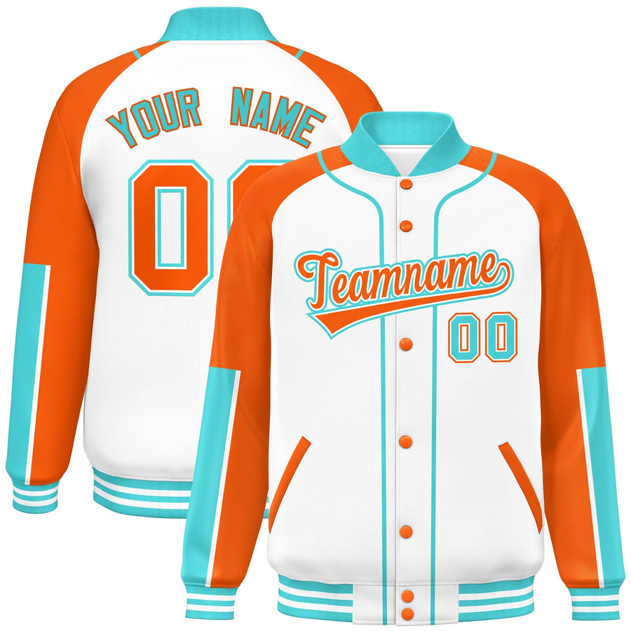 Custom White Orange-Bright Green Raglan Sleeves Varsity Full-Snap Letterman Baseball Jacket | BuyFootballJersey