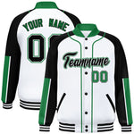 Custom White Black-Kelly Green Raglan Sleeves Varsity Full-Snap Letterman Baseball Jacket | BuyFootballJersey