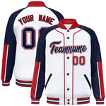 Custom White Navy-Red Raglan Sleeves Varsity Full-Snap Letterman Baseball Jacket | BuyFootballJersey