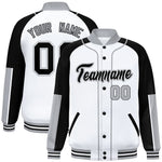 Custom White Black-Gray Raglan Sleeves Varsity Full-Snap Letterman Baseball Jacket | BuyFootballJersey