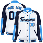 Custom White Navy-Powder Blue Raglan Sleeves Varsity Full-Snap Letterman Baseball Jacket | BuyFootballJersey