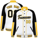 Custom White Black-Gold Raglan Sleeves Varsity Full-Snap Letterman Baseball Jacket | BuyFootballJersey