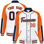 Custom White Orange-Navy Raglan Sleeves Varsity Full-Snap Letterman Baseball Jacket | BuyFootballJersey