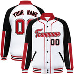 Custom White Black-Red Raglan Sleeves Varsity Full-Snap Letterman Baseball Jacket | BuyFootballJersey