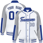 Custom White Gray-Royal Raglan Sleeves Varsity Full-Snap Letterman Baseball Jacket | BuyFootballJersey