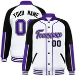 Custom White Black-Purple Raglan Sleeves Varsity Full-Snap Letterman Baseball Jacket | BuyFootballJersey