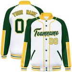 Custom White Green-Gold Raglan Sleeves Varsity Full-Snap Letterman Baseball Jacket | BuyFootballJersey