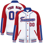 Custom White Red-Royal Raglan Sleeves Varsity Full-Snap Letterman Baseball Jacket | BuyFootballJersey