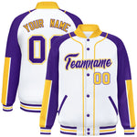 Custom White Purple-Gold Raglan Sleeves Varsity Full-Snap Letterman Baseball Jacket | BuyFootballJersey