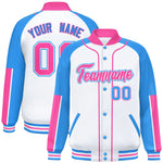 Custom White Powder Blue-Pink Raglan Sleeves Varsity Full-Snap Letterman Baseball Jacket | BuyFootballJersey