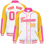 Custom White Gold-Pink Raglan Sleeves Varsity Full-Snap Letterman Baseball Jacket | BuyFootballJersey