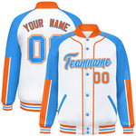 Custom White Powder Blue-Orange Raglan Sleeves Varsity Full-Snap Letterman Baseball Jacket | BuyFootballJersey